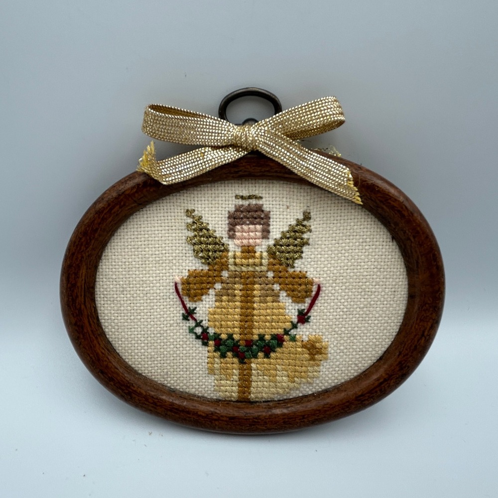 Grandmacore Framed Cross Stitch Angel Christmas Wood Oval Gold Granny Retro 90s